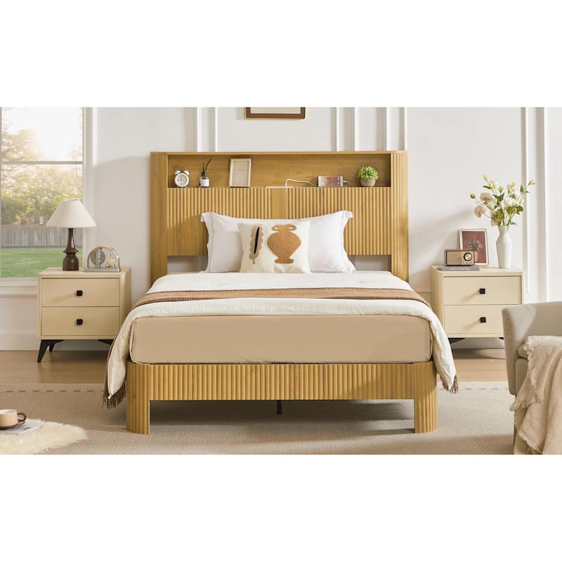 Full XL Bed Frame with Storage Headboard, Charging Station, Wavy Design, Silent Operation, Metal Support, Natural
