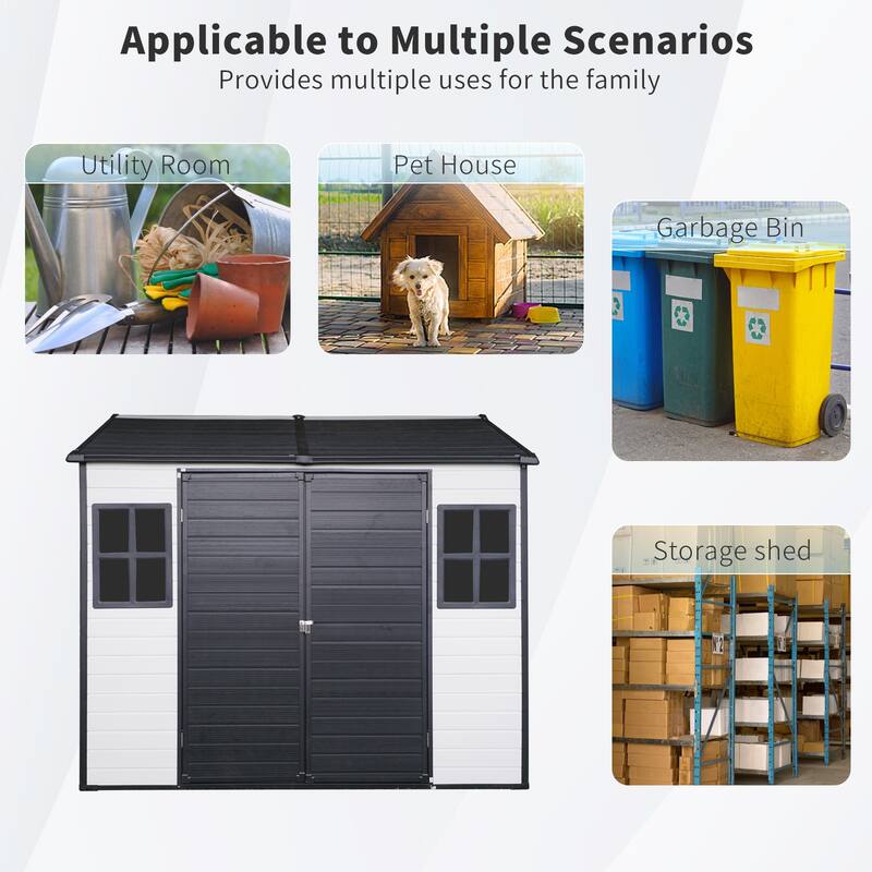 Resin Outdoor Storage Shed UV-Proof Garden Tool Shed with Sloping Roof & Lockable Double Doors, Built-in Floor