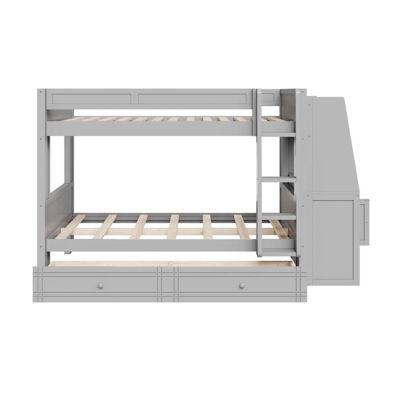 Full Size Multifunctional Bunk Bed Frame with Bookshelves, Desk and Cabinet, Optional with Pull-out Drawers or Trundle Bed