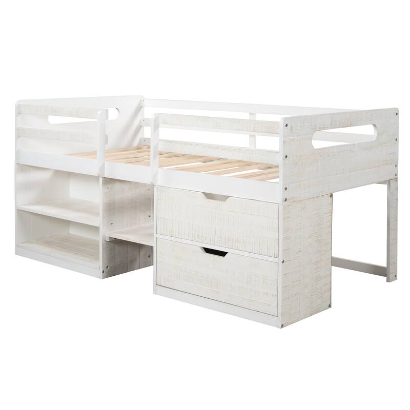 Twin Solid Pine Loft Bed with Shelves, Drawers, and Guardrail