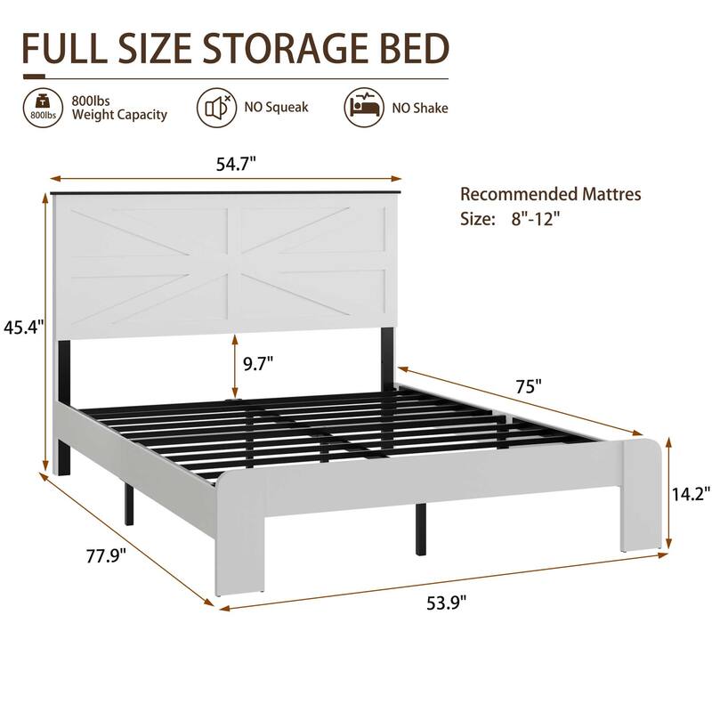 Roomfitters Size Wood Platform Bed Frame, Modern Metal Headboard, No Box Spring Needed, Large Under-Bed Storage, White