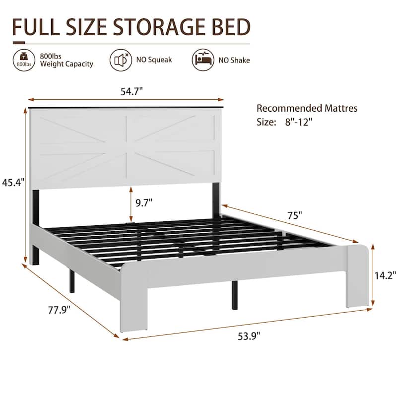 White Wood Platform Full Bed Frame with Headboard, Noise Free, Easy Assembly, Large Under Bed Storage