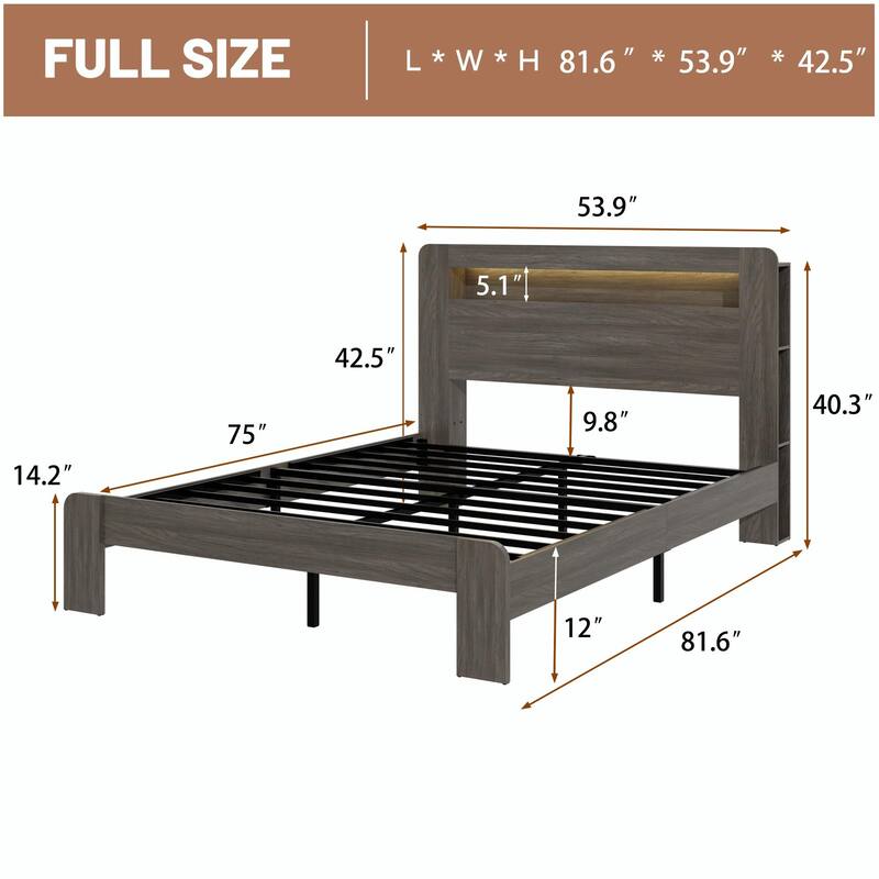 Wood Platform Bed Frame with Storage, LED Light Headboard and 2 USB Ports, Noise-Free
