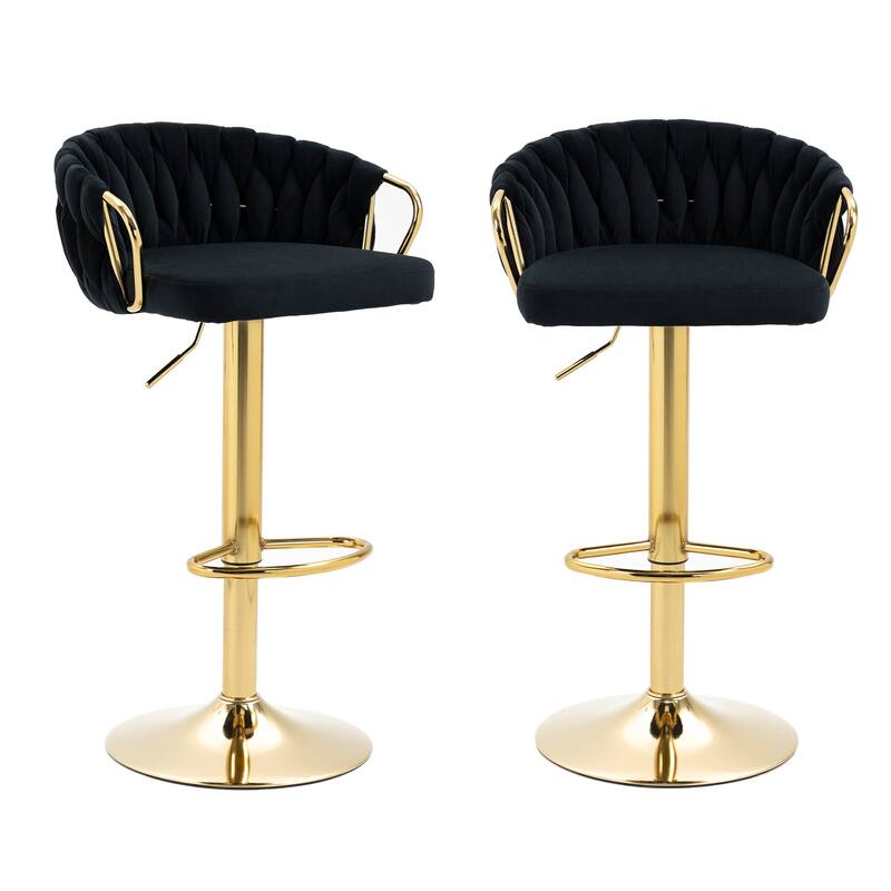 Set of 2 Bar Stool Adjustable Height Swivel Velvet Woven