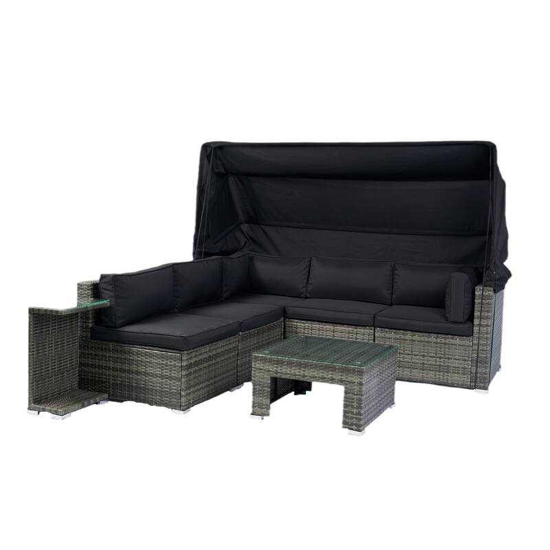 7 Piece Patio Furniture Set, Outdoor Rattan Sectional Sofa Set with Retractable Canopy, Cushions and Coffee Table