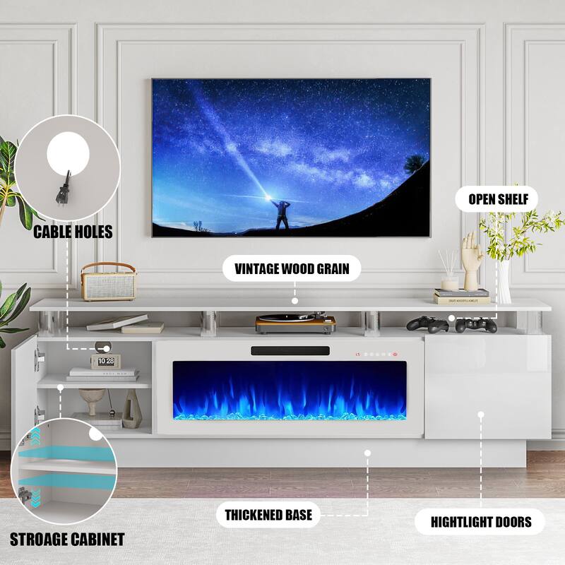 BOSSIN 70 Fireplace TV Stand with 36 Electric Fireplace， LED Light Entertainment Center Modern 2-Tier TV Console Stand