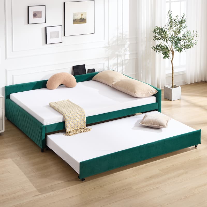 Full Size Daybed with Twin Trundle Bed, Velvet Upholstered Daybed L-shaped Slats Bed Frame Built-in USB Port with Diamond Grid - Emerald - Full