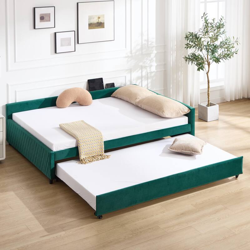 Upholstered Daybed with Trundle - Modern Diamond Grid Design on Sturdy Wood Frame for Guest Room - Green - Twin