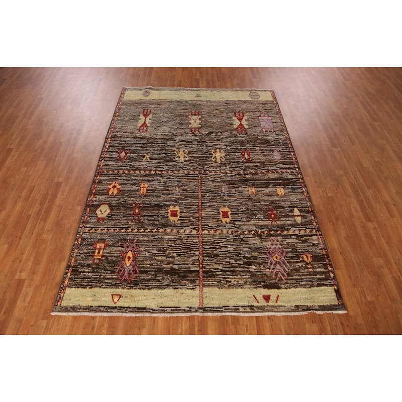 Geometric Moroccan Oriental Area Rug Hand-Knotted Brown Wool Carpet - 6'8" x 9'8"
