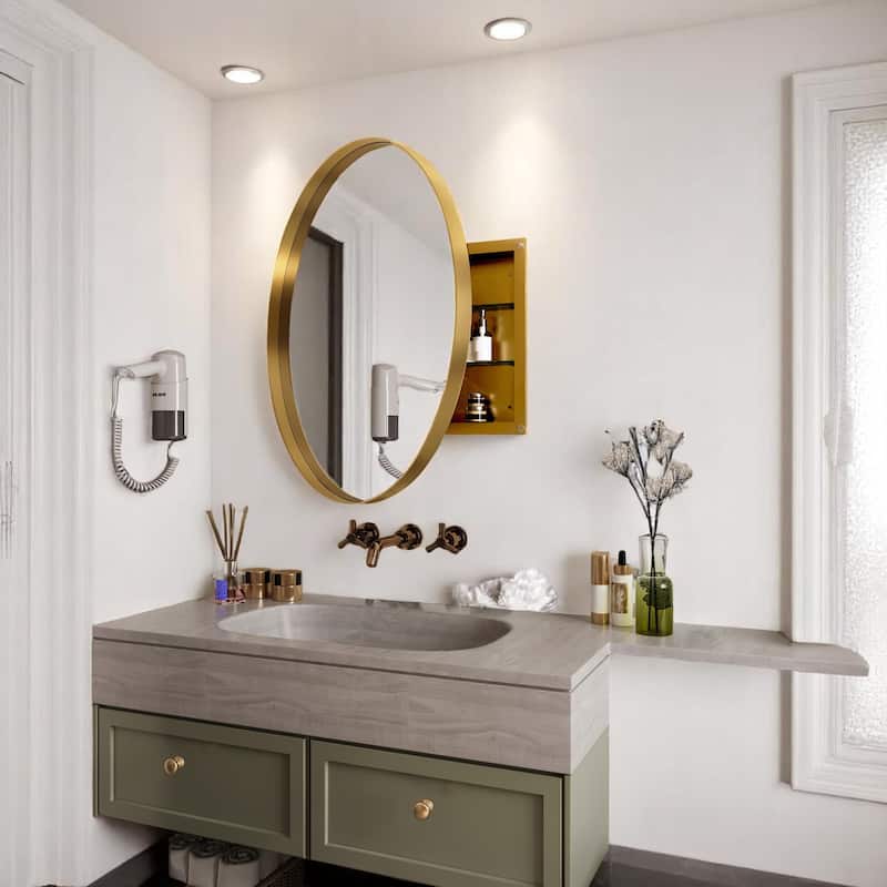 Round Metal Framed Wall Mounted Bathroom Mirror Cabinet, 31.5 Inch Surface Mount Medicine Cabinet with Storage