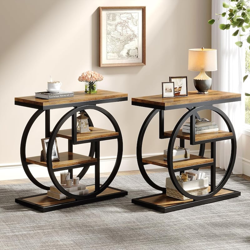 4-tier Narrow Side End Table for Living Room Bedroom - 2 PCS - Rustic Brown