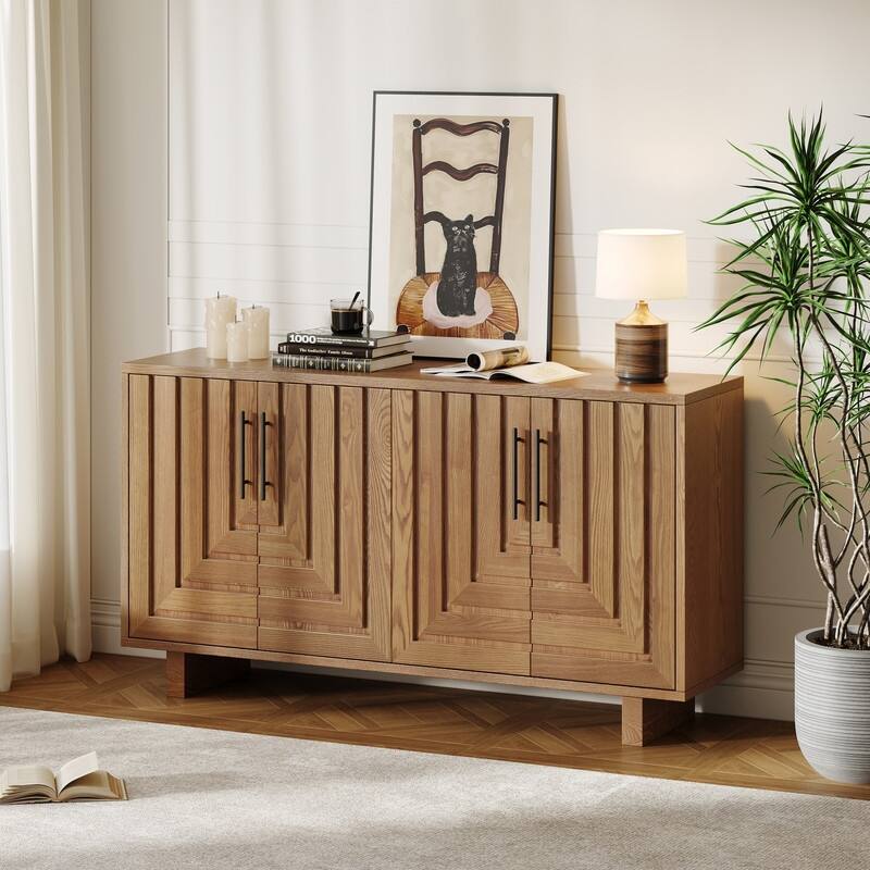 Modern 59" Sideboard Storage Cabinet with 4-Door and Metal Handles for Home Organization - Natural