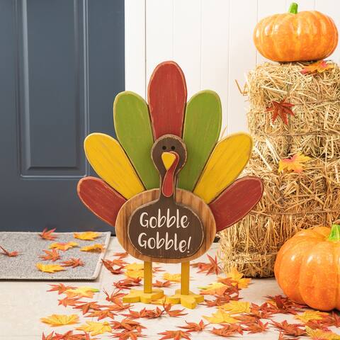 Glitzhome 24"H Thanksgiving Wooden Turkey Standing Decor