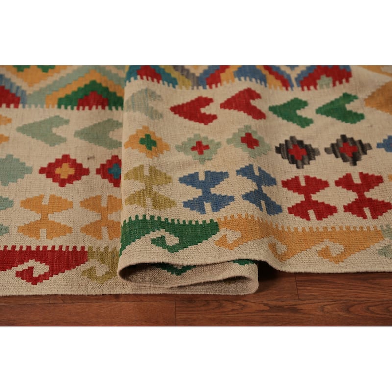 Geometric Trellis Kilim Oriental Rug Hand-Woven Tribal Wool Carpet - 8'9"x 11'4"