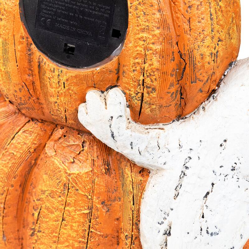 Lighted Stacked Jack-O-Lanterns with Ghost and Black Cat Halloween Decoration - 20" - LED Clear Lights