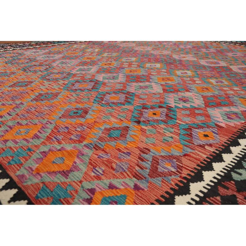 Kilim Area Rug Hand-Woven Geometric Wool Carpet - 10'4" x 13'2"