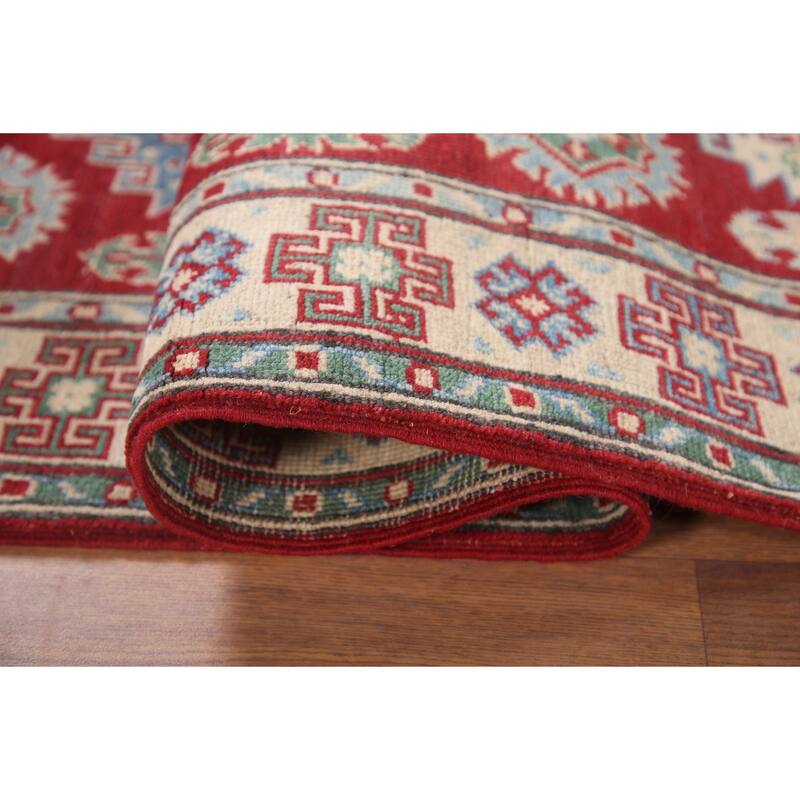 Hand Knotted Oriental 100% Wool Carpet Traditional Geometric Red Kazak Runner Rug - 6' 8'' X 2' 8''