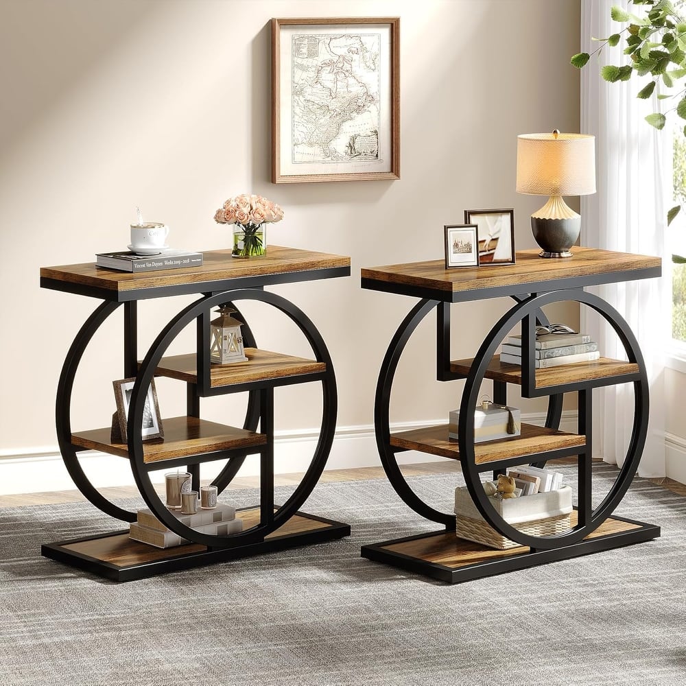Industrial 4-tier Wood Narrow Side End Table with Storage Shelves