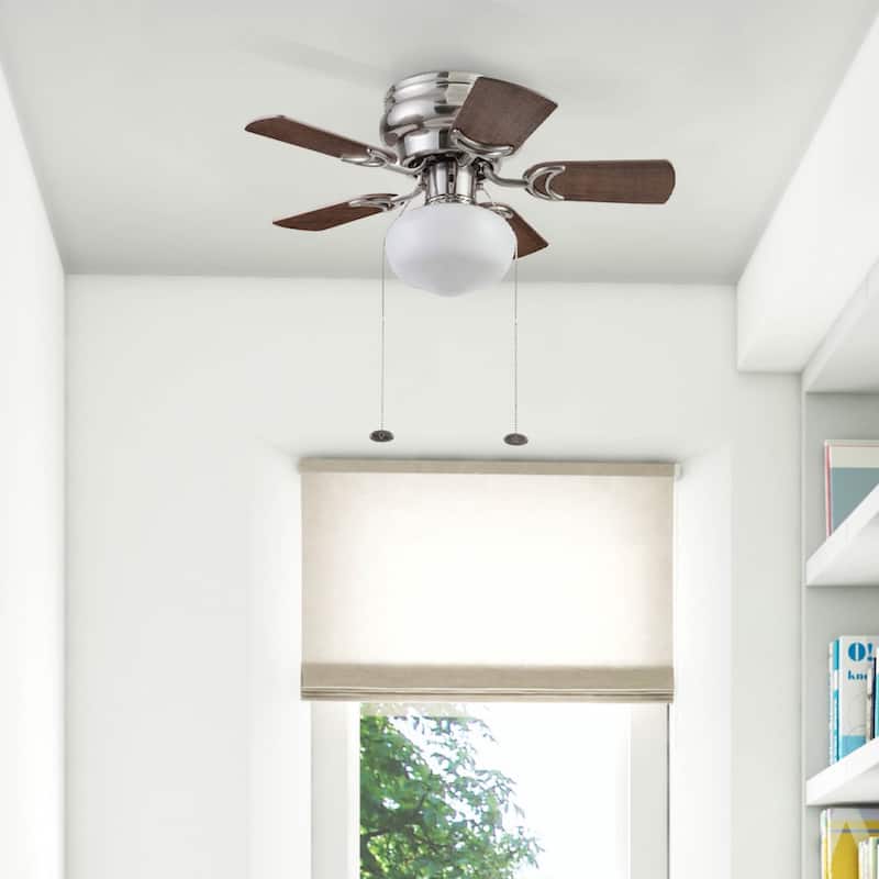 28" Prominence Home Hero Brushed Nickel Traditional Flush Mount Indoor LED Ceiling Fan with Light, Pull Chain