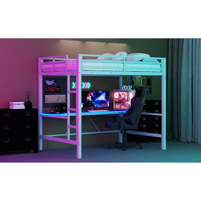 Full Size Gaming Metal Loft Bed Frame with LED Light, USB Charge Station and Desk