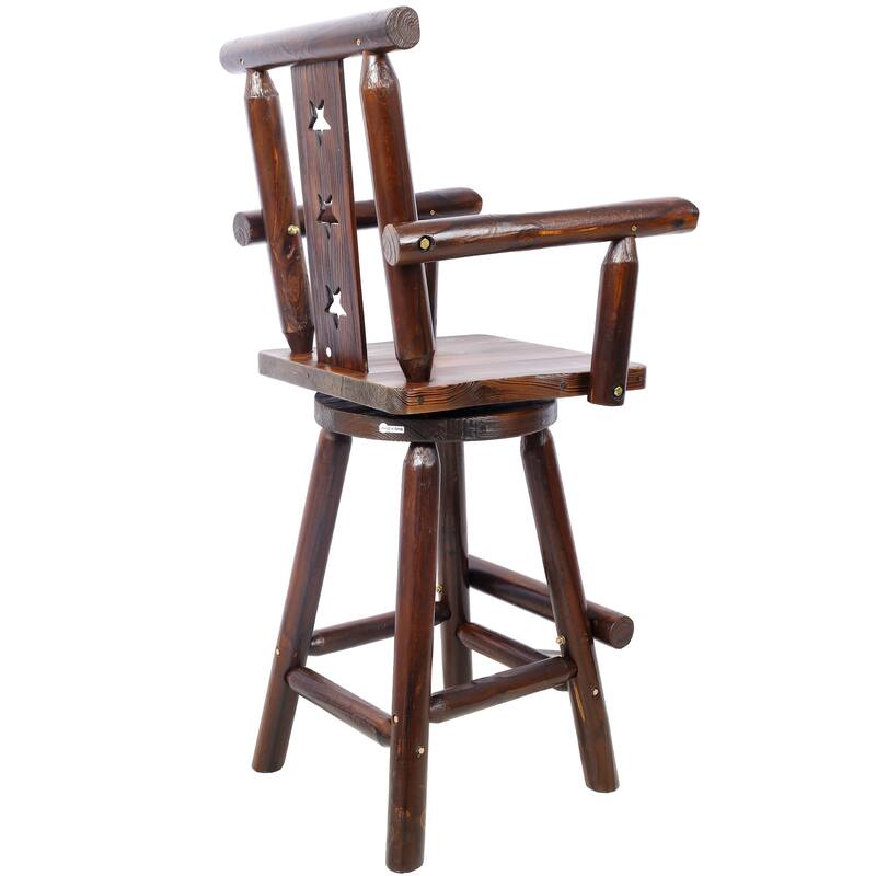 Rustic Bar Stool - Fir Wood Construction, Chair with Decorative Star Backrest, Footrest,Wide Armrest, Rustic Kitchen Stool