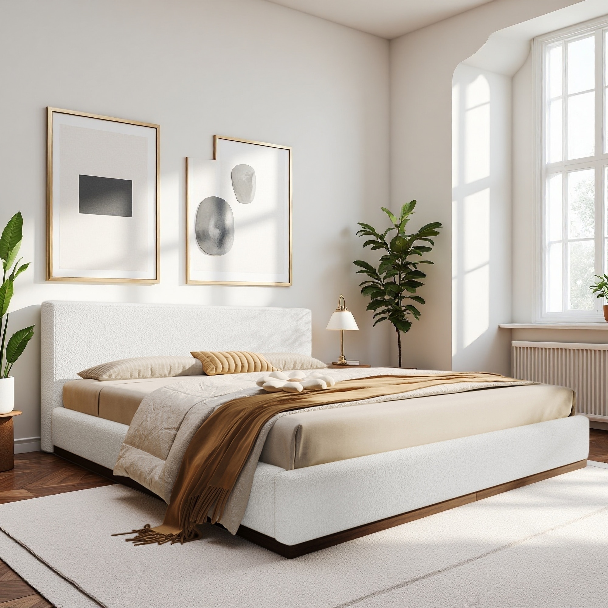 Upholstered Platform Bed with Wood Grain Textured Solid Wood Base