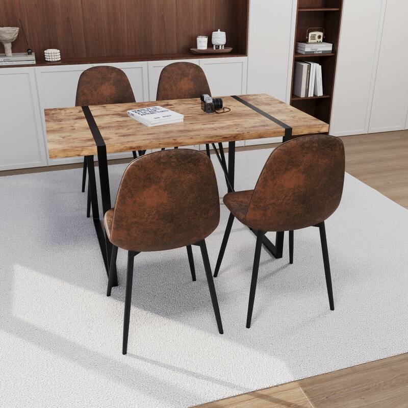 MDF dark wood dining table and modern dining chair 4-piece set, medieval wooden kitchen dining table set, rectangular metal base