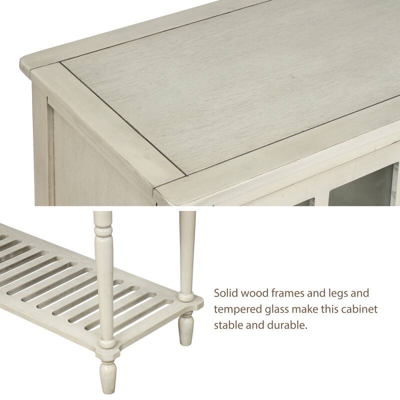 42" Console Table Sideboard Table with Drawers and Bottom Shelf, Rustic Solid Wood Buffet Storage Cabinet with Glass Doors