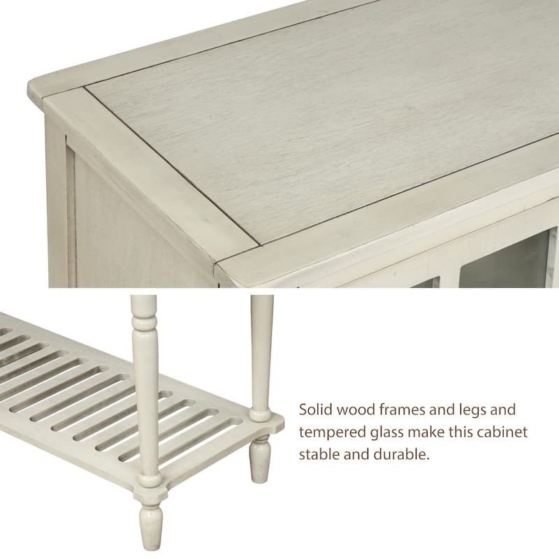 Tempered Glass Doors Console Table, Wood Sideboard with Carved Legs, Bottom Ladder Shelf, Pine Wood Frame