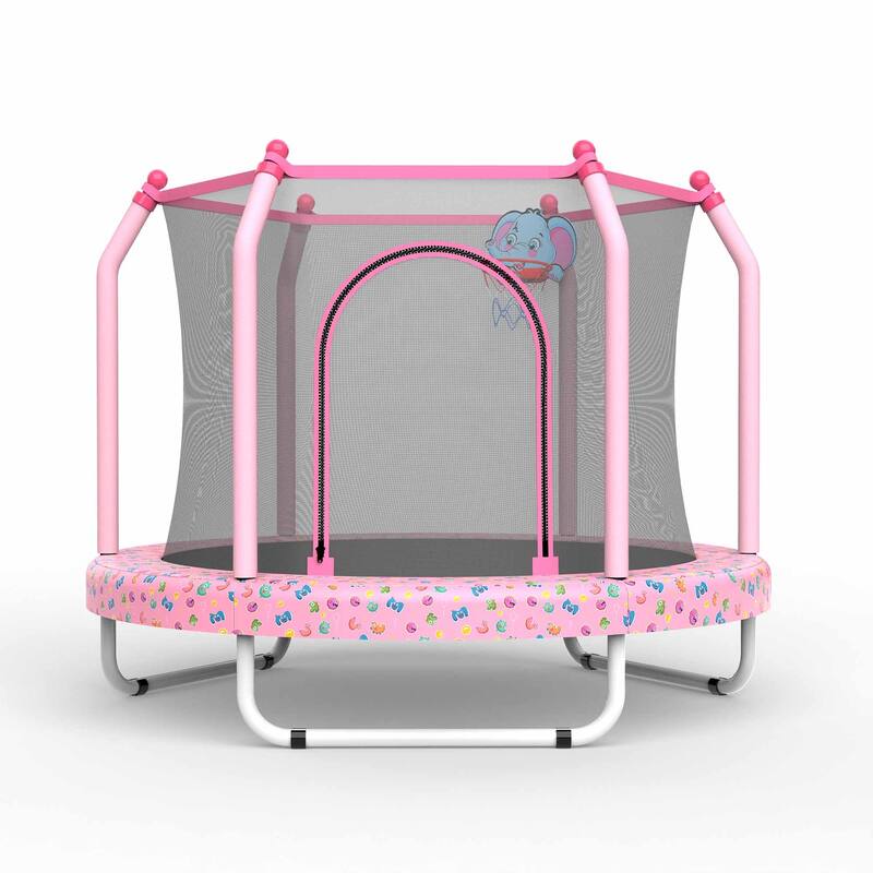 55-inch Trampoline for Kids Indoor & Outdoor Small Toddler Trampoline with Basketball Hoop - Pink