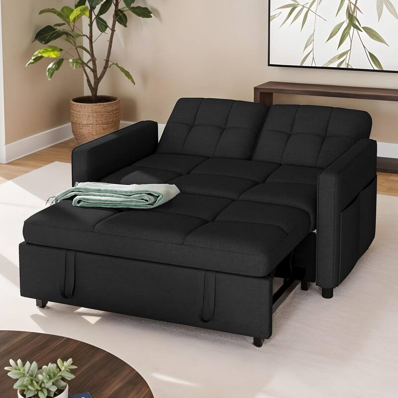 3-in-1 Sleeper Sofa with Iron Frame Pull-Out Bed, Linen Futon Couch with Reclining Backrest and Side Pocket - Black