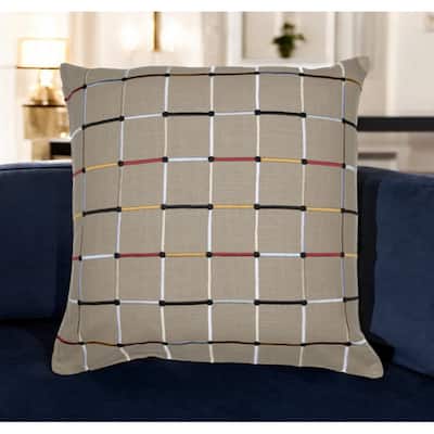 HomeRoots 24" Beige Check Cotton Blend Throw Pillow With Embroidery