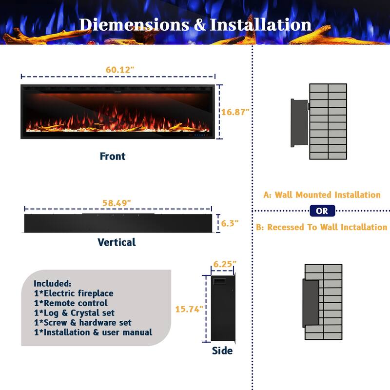 Clihome 42-88" Recessed Wall-Mounted Control Electric Fireplace - 60 in.