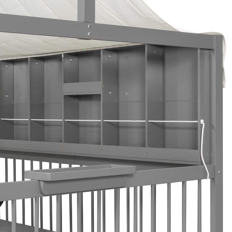 Full Size House Bed Wood Platform Bed with Tent and 21.7 inch Rail, LED Kids Bed with 2 Drawers Side Bookshelf Integrated Socket