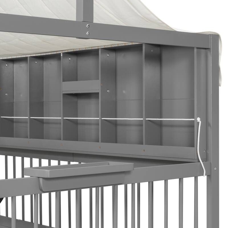 Kids Fence Platform Bed Full Size House Bed with Tent, Bookshelf, Light Strip, Charging Station, Shelves and Storage Drawers