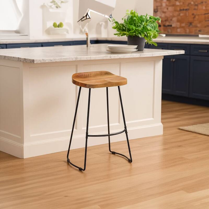 Tiva 30 Inch Handcrafted Backless Barstool, Natural Brown Mango Wood Saddle Seat, Black Metal Base