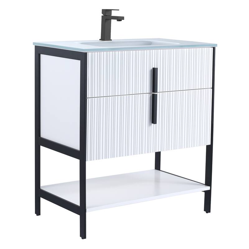 Fine Fixtures Serenity Modern Bathroom Vanity with White Glass Top - White Matte - Black Hardware - 30 inch