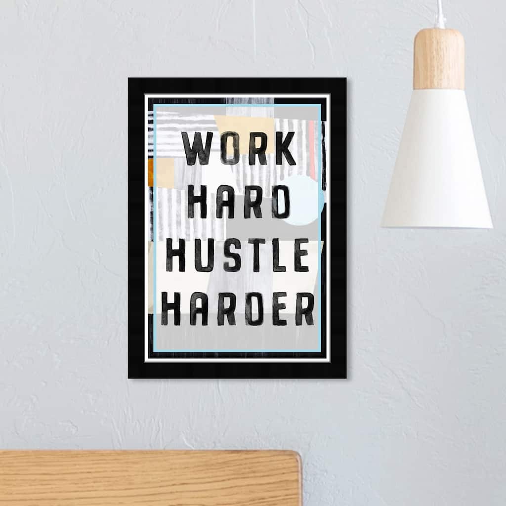 Wynwood Studio 'Work Hard Hustle Harder' Typography Wall Art Framed Print Inspirational Quotes and Sayings - Black, White