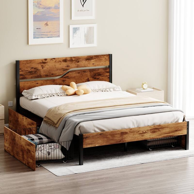 VECELO Upholstered Platform Bed Frame with 4 Storage Drawers, Full/Queen Size - Queen