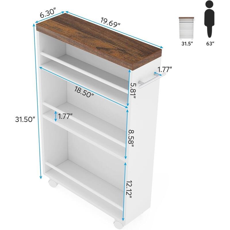 20" 4-Tier Narrow Rolling Kitchen Utility Cart Brown and White