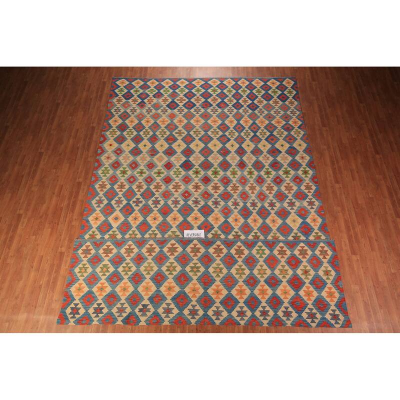 All-Over Trellis Colorful Kilim Large Rug Flatweave Wool Carpet - 10'1" x 15'10"