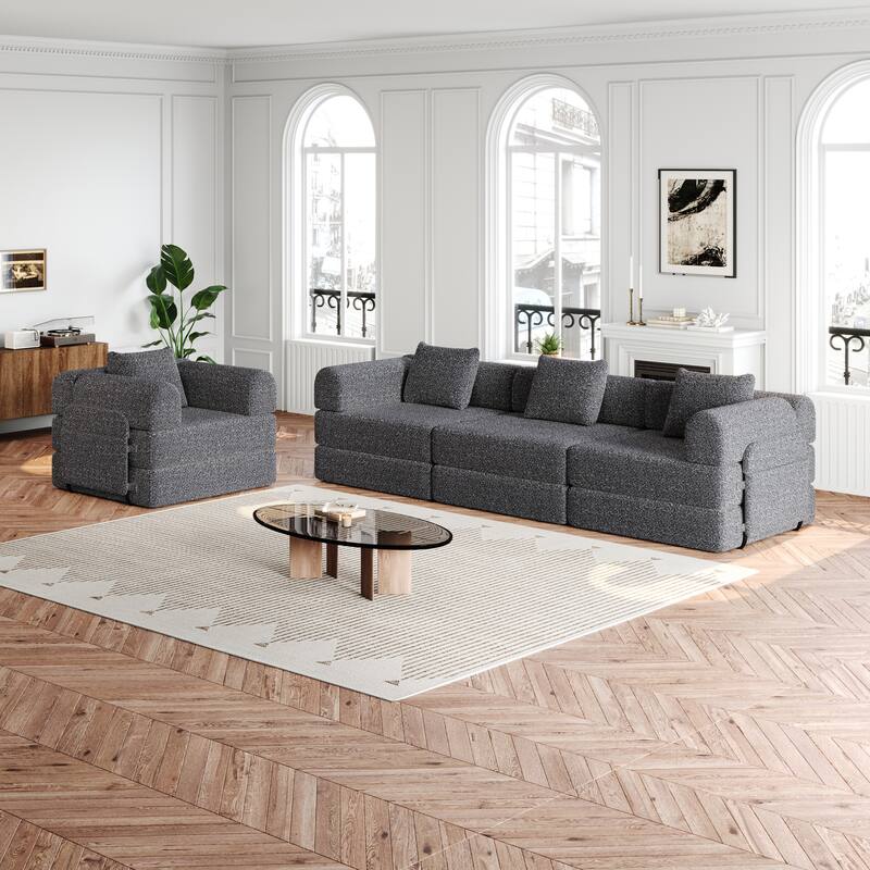 Set of 2 Loveseat Couch Chenille Modular Splicing Sectional Sofa Convertible Sleeper Sofa Bed with Side Pockets and Pillows