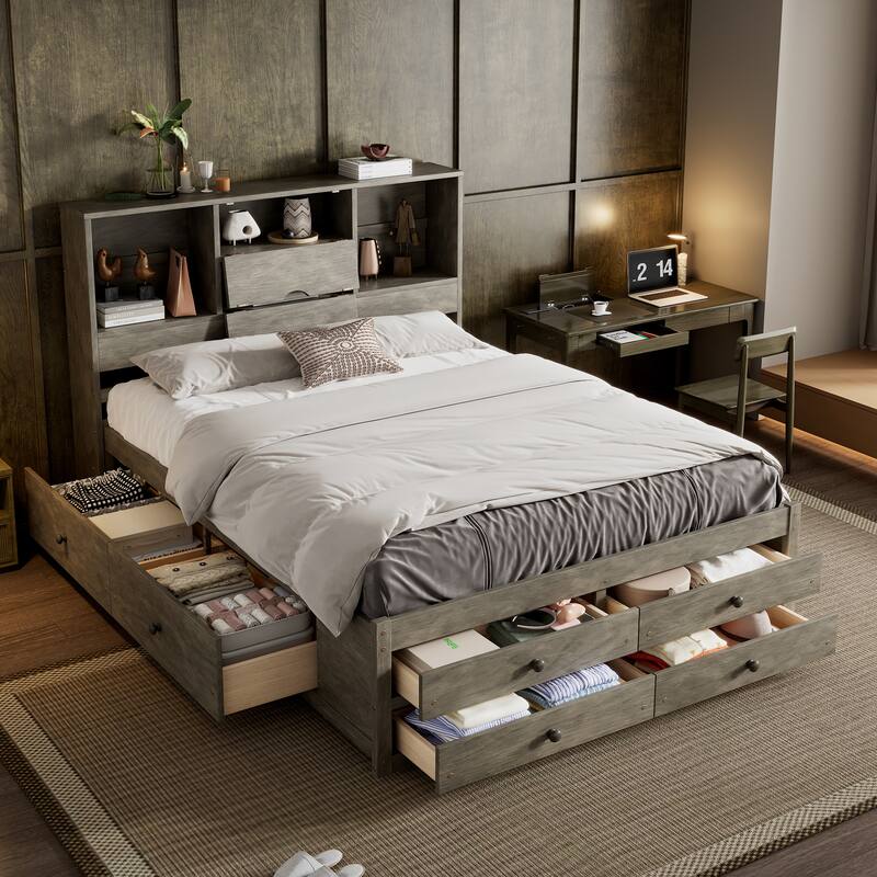 Platform Bed with Storage Headboard and 8 Drawers, Gray