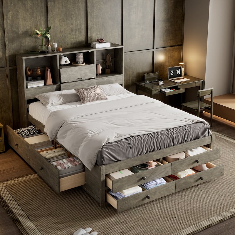 Queen Size Storage Bed Platform Bed with Open Storage Headboard, 4 Under-bed Drawers, 4 Bed End Drawers, Grey Wooden Bed - Grey - Queen