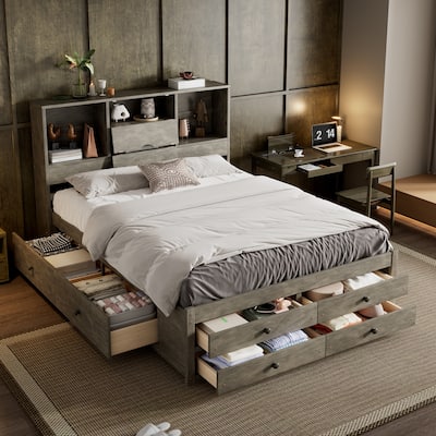 Queen Size Storage Bed Platform Bed with Open Storage Headboard, 4 Under-bed Drawers, 4 Bed End Drawers, Grey Wooden Bed
