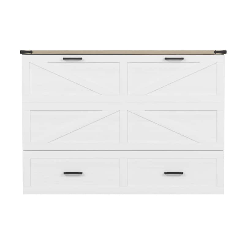 Queen Farmhouse Murphy Bed with Charging Station and Large Storage Drawer - White - Queen