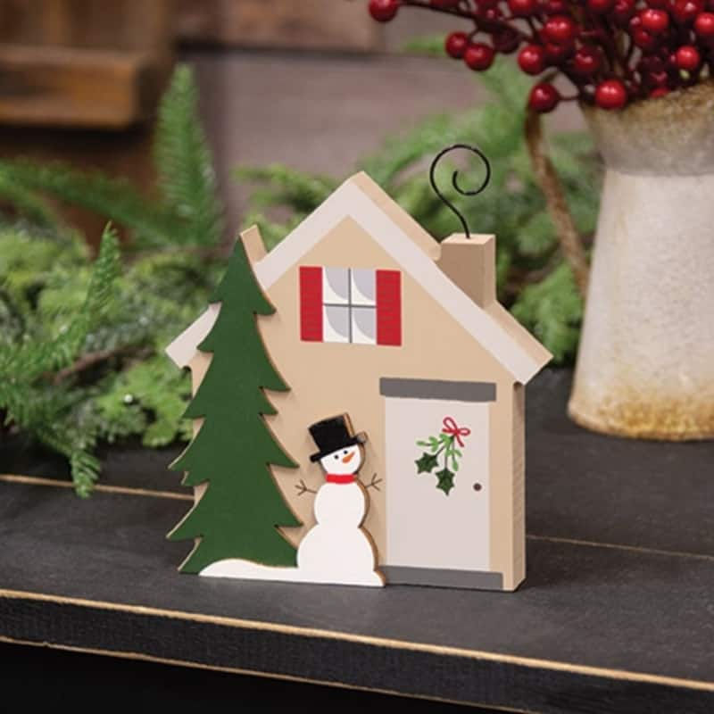 Snowman & Pine Tree Chunky Wooden Winter House Sitter - 5.50” x 0.75” x 6”