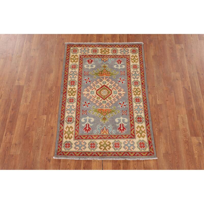 Gray Geometric Kazak Oriental Accent Rug Handmade Wool Carpet - 2'8" x 3'11"