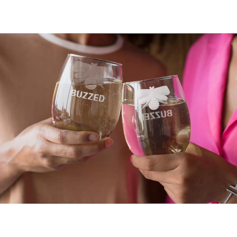 16 oz. Buzzed Bee Etched Glass Clear Stemless Wine