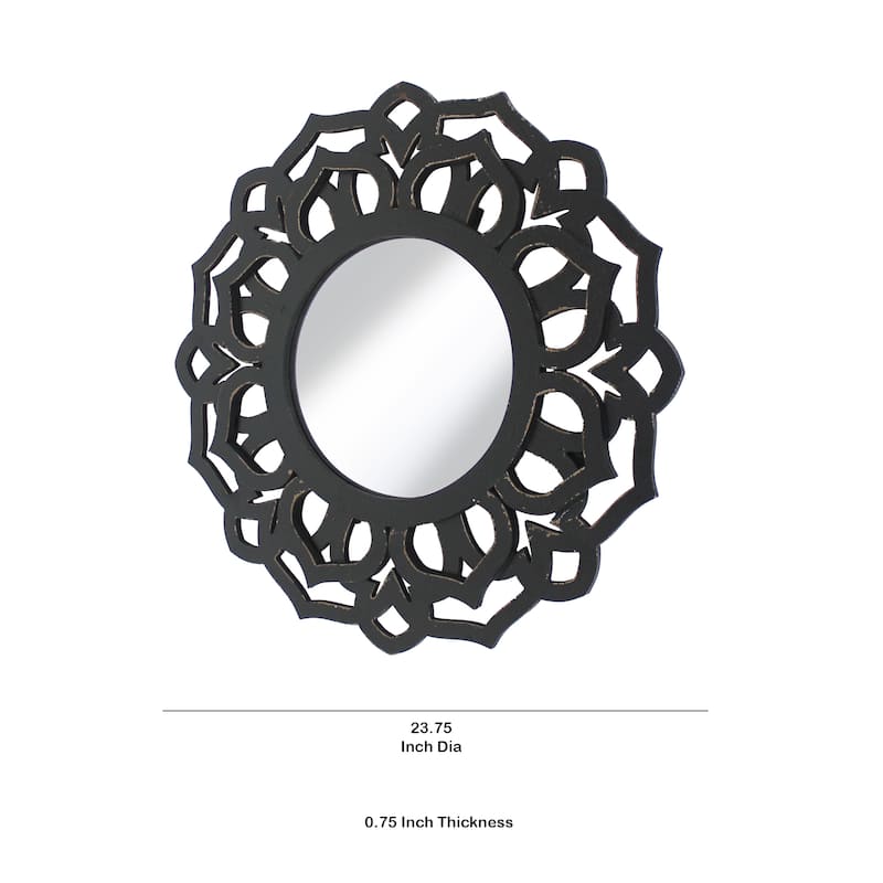 Wooden Mirror Blooming Lotus Wall Decor Set of 2 with Floral Engraving, Black